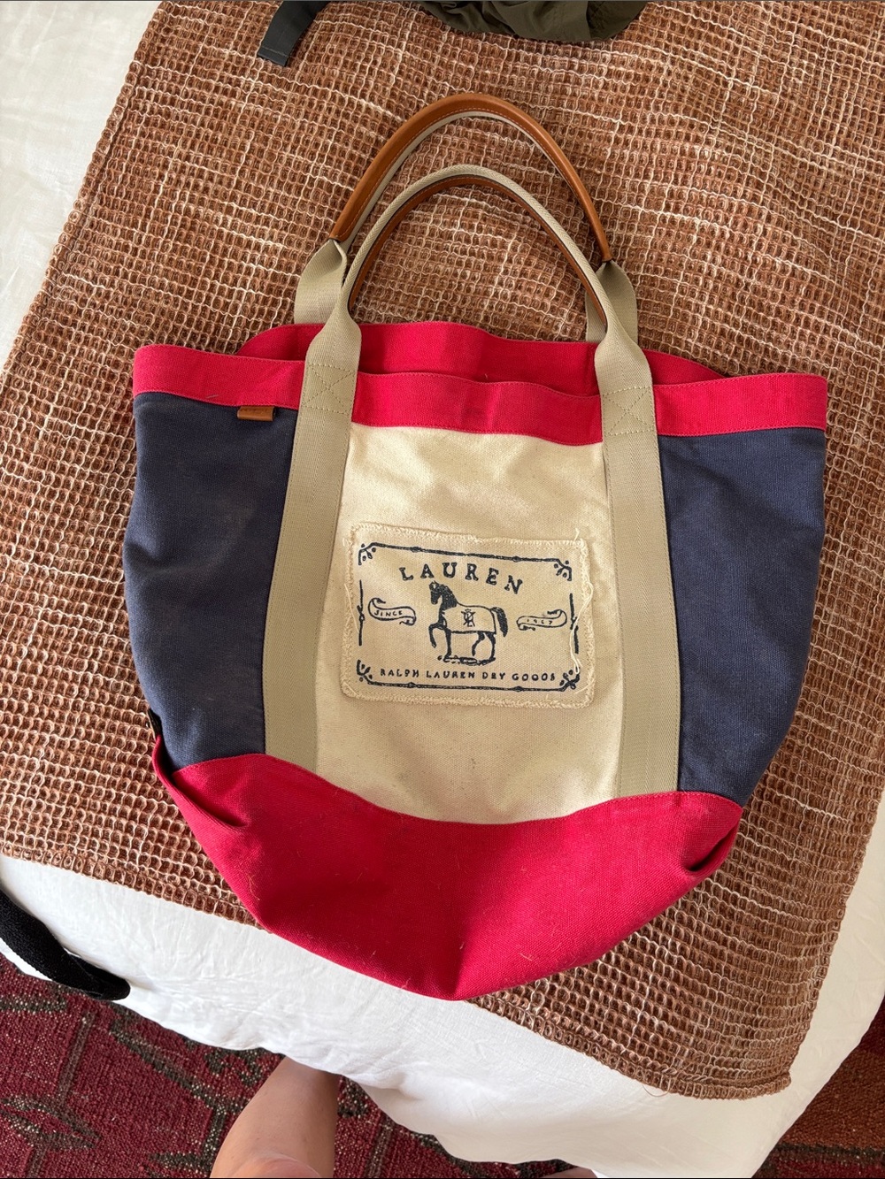 Vintage! 2000sLauren Ralph Lauren Red, Navy & Cream Canvas Tote with Tan Handles